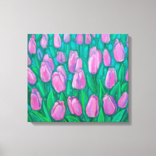 Rosa Tulips Fält, Vår blommor Blommigt Painting Canvastryck