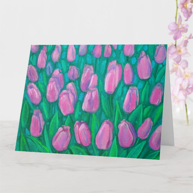 Rosa Tulips Fält, Vår blommor Blommigt Painting Kort (Orkide)