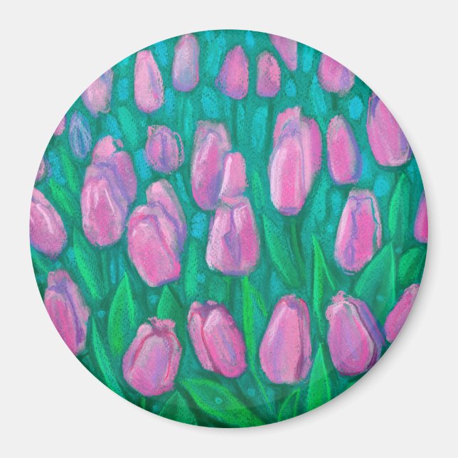 Rosa Tulips Fält, Vår blommor Blommigt Painting  Magnet (Framsidan)