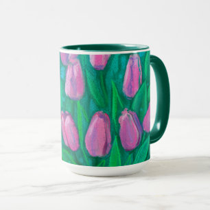 Rosa Tulips Fält, Vår blommor Blommigt Painting Mugg