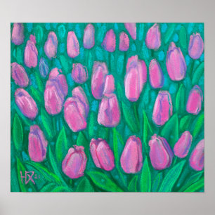 Rosa Tulips Fält, Vår blommor Blommigt Painting Poster
