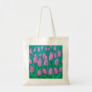 Rosa Tulips Fält, Vår blommor Blommigt Painting Tygkasse