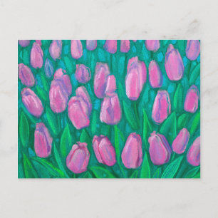 Rosa Tulips Fält, Vår blommor Blommigt Painting Vykort