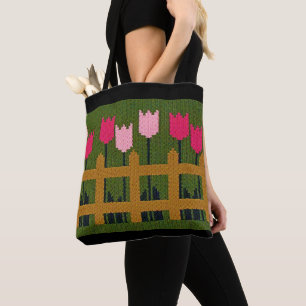 Rosa Tulips Fence Grönt Artisan Crochet Print Tygkasse