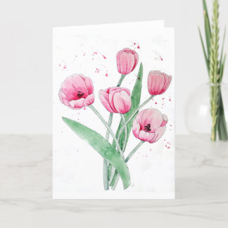 Rosa Tulips i vattenfärger Tack Kort