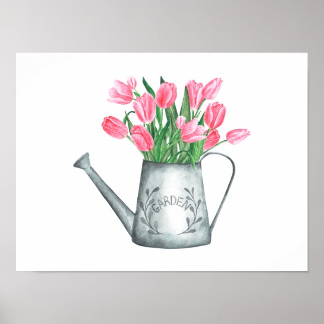 Rosa Tulips in Watercan Watercolor Poster (Framsidan)