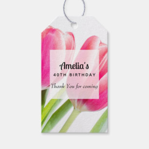Rosa Tulips med Grönt Löv Birthday Tack Presentetikett