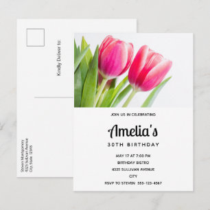 Rosa Tulips med Grönt Löv Foto Birthday Inbjudan Vykort