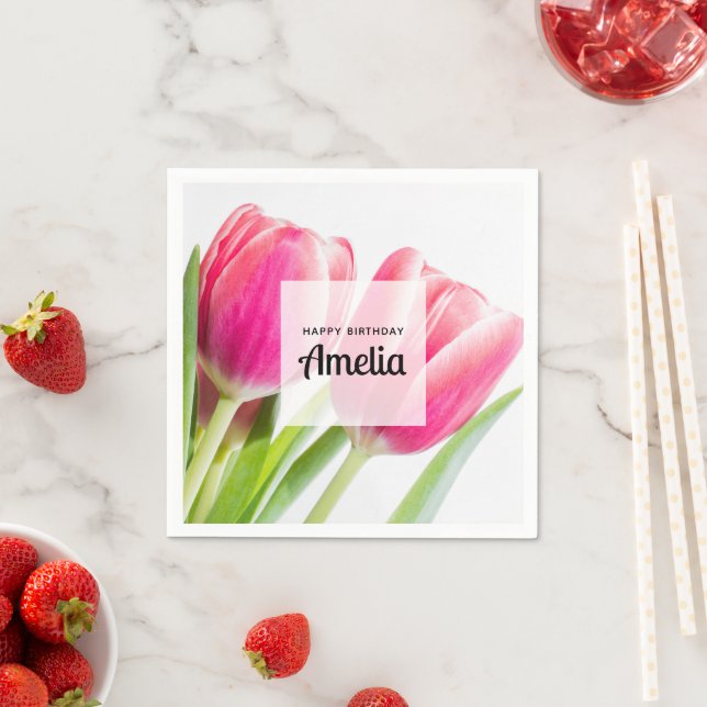 Rosa Tulips med Grönt Löv Foto Birthday Pappersservett (Insitu)