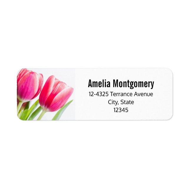 Rosa Tulips med Grönt Löv Photo Adress Returadress Etikett (Framsidan)