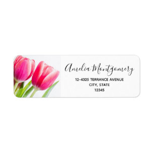 Rosa Tulips med Grönt Löv Photo Adress Returadress Etikett