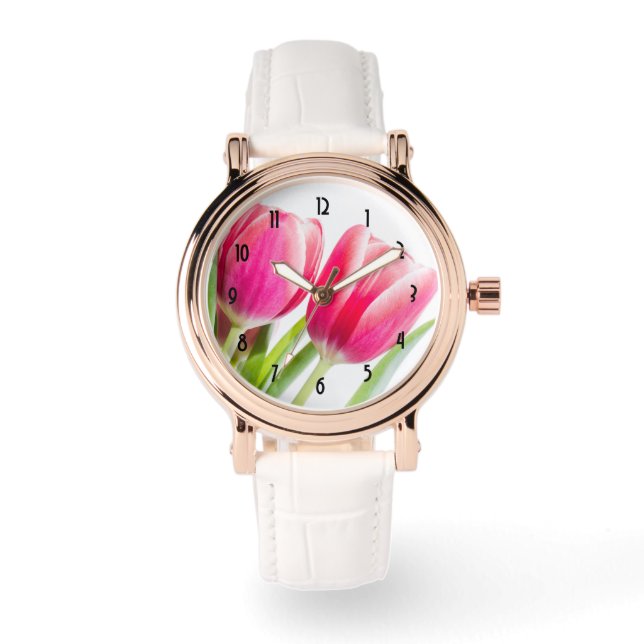 Rosa Tulips med Grönt Löv Photo Armbandsur (Framsida)