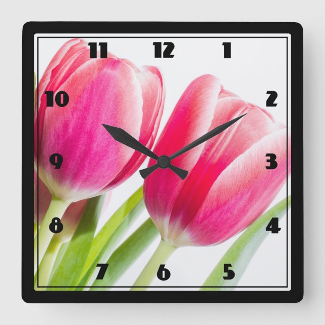 Rosa Tulips med Grönt Löv Photo Fyrkantig Klocka (Framsida)