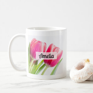 Rosa Tulips med Grönt Löv Photo Kaffemugg