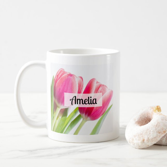 Rosa Tulips med Grönt Löv Photo Kaffemugg (Med munk)