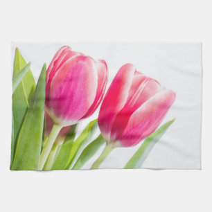 Rosa Tulips med Grönt Löv Photo Kökshandduk