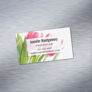 Rosa Tulips med Grönt Löv Photo Magnetiska Visitkort