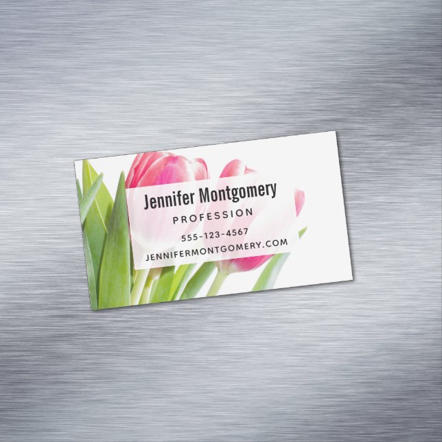 Rosa Tulips med Grönt Löv Photo Magnetiska Visitkort (In Situ)