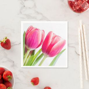 Rosa Tulips med Grönt Löv Photo Pappersservett
