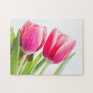 Rosa Tulips med Grönt Löv Photo Pussel