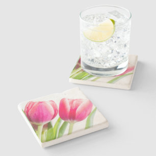 Rosa Tulips med Grönt Löv Photo Stenunderlägg