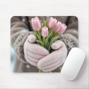 Rosa Tulips och Snöflingor Musmatta