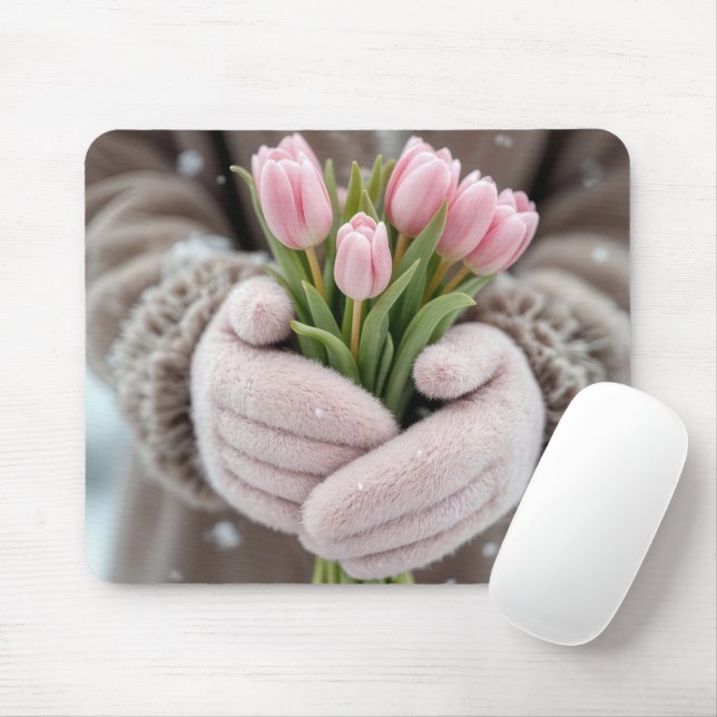 Rosa Tulips och Snöflingor Musmatta (Med mus)