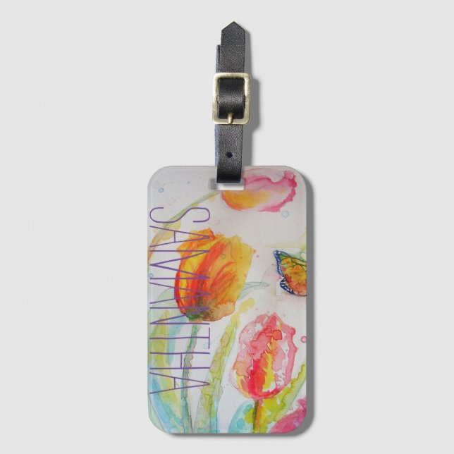 Rosa Tulpan Tulpaner Blommig Akvarell Kvinnans Nam Bagagebricka (Framsida vertikal)
