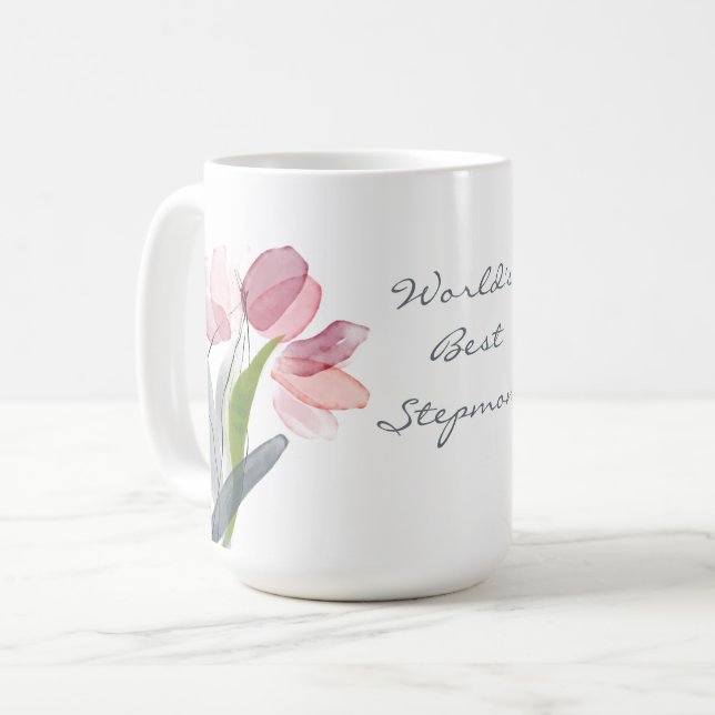 Rosa tulpanblad vita Världens bästa styvmamma Kaffemugg (Framsida vänster)