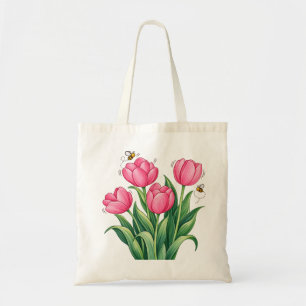 Rosa tulpanbukett med bin blomstermönster botanisk tygkasse