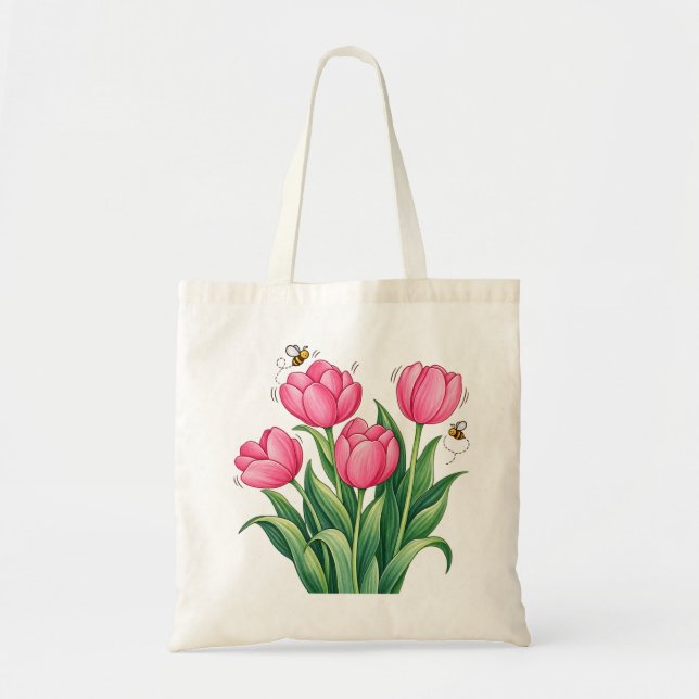 Rosa tulpanbukett med bin blomstermönster botanisk tygkasse (Framsidan)
