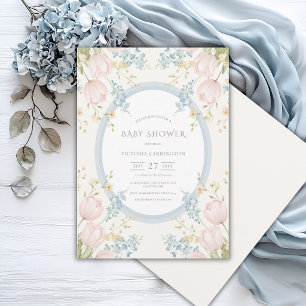 Rosa tulpaner Blå Vintage Baby Shower Inbjudningar