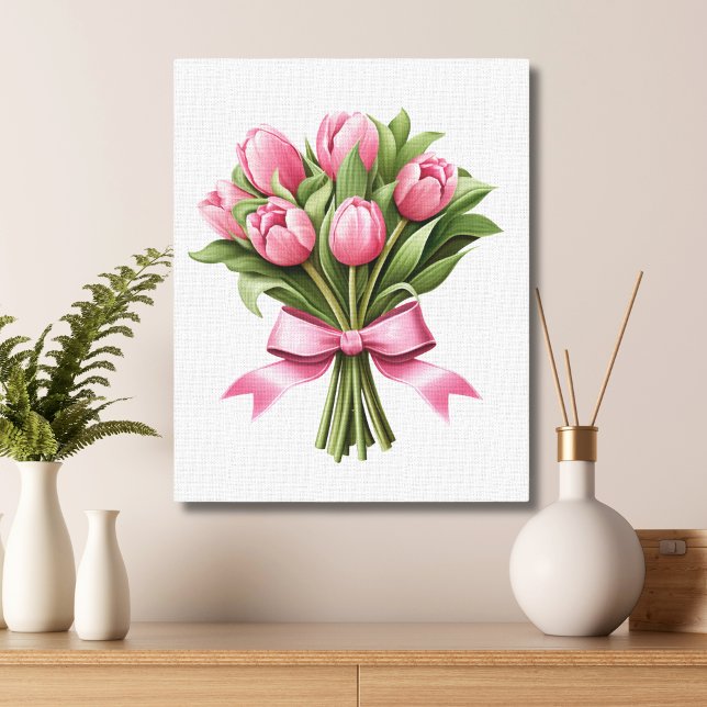 Rosa tulpaner Grönska Blommor Blomsterarrangemang  Canvastryck (Bouquet of Pink Tulips Canvas Wall Art)