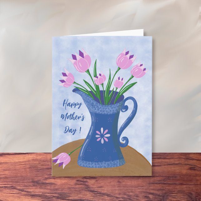 Rosa tulpaner i kanna Morsdags kort (Pink tulips in blue jug Mother's Day greeting card . )