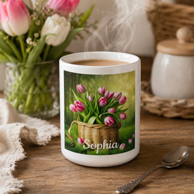 Rosa tulpaner i korg kaffemugg (Skapare uppladdad)