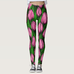 Rosa-tulpaner med grönt löv leggings