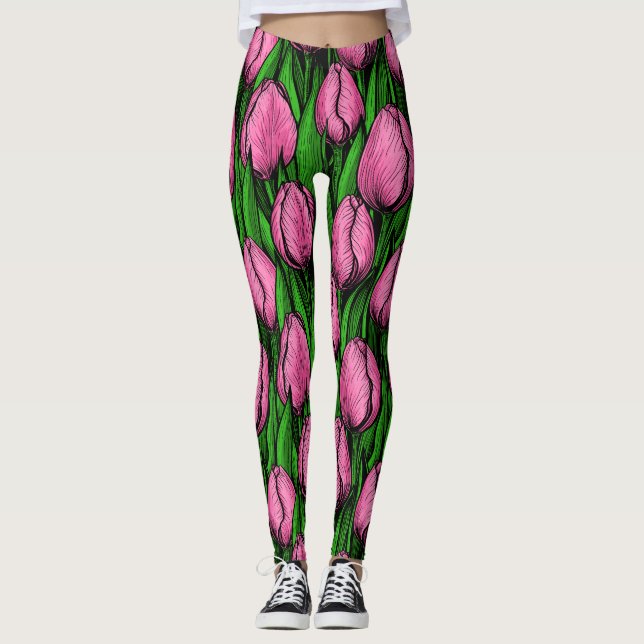 Rosa-tulpaner med grönt löv leggings (Framsida)