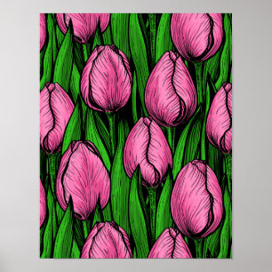 Rosa-tulpaner med grönt löv poster