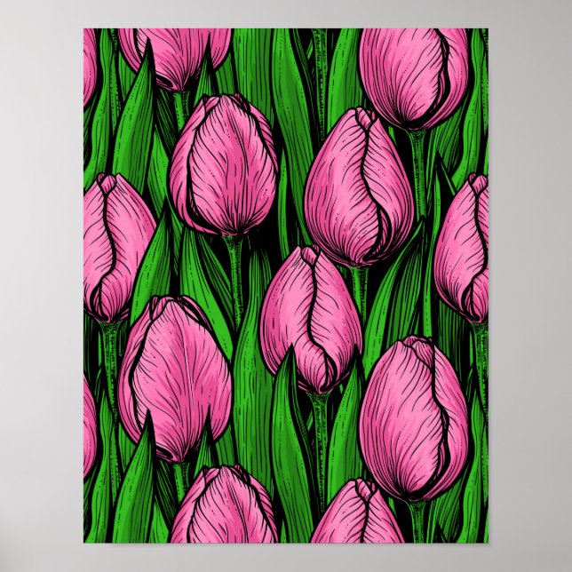Rosa-tulpaner med grönt löv poster (Framsidan)