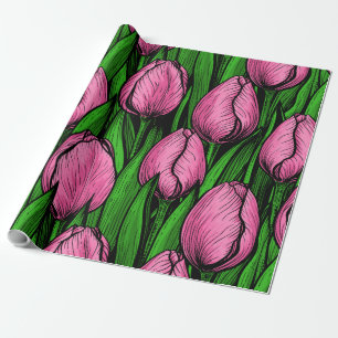 Rosa-tulpaner med grönt löv presentpapper