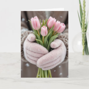 Rosa tulpaner med snöflingor på födelsedagen kort