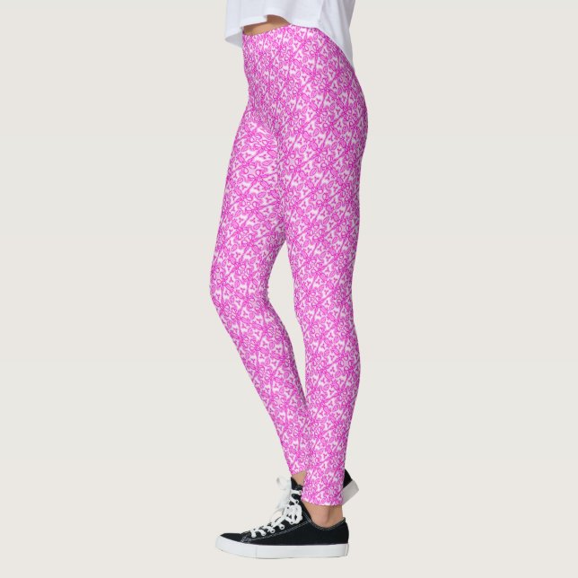 Rosa tulpaner vridna damasklöv mönsterleggings leggings (Vänster)