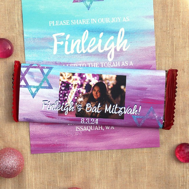 Rosa Turcos Bat mitzvah Wrapper för Candy Pub Flygblad (Hot pink, violet, turquoise, cyan bat mitzvah personalized chocolate bar wrapper DIY cheap low cost)