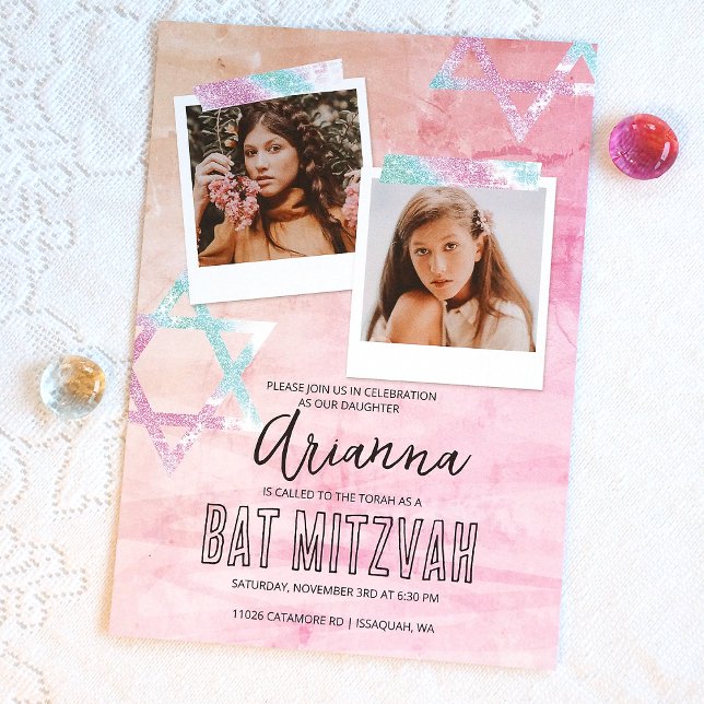 Rosa Turcos Glitter Bat mitzvah foto Inbjudningar (Pink Glitter Photo Scrap Book Style Bat Mitzvah Invitation, Cute Photo Collage Invites)