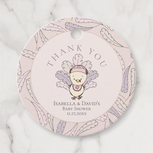 Rosa Turkiet & Feathers Girl Baby Shower Tack Gåvor Etiketter (Framsida)