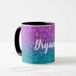 Rosa turkos akvablå och lila glittrande glitter mugg