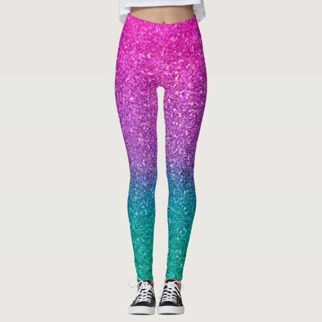 Rosa Turkos Aqua Blå & Lila Glittrande Glitter Leggings (Framsida)