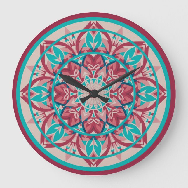 Rosa & turkos boho-mandala stor klocka (Framsida)