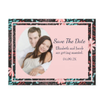 Rosa & Turkos Mörk Blommig Foto Spara Datum