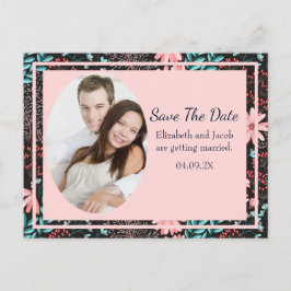 Rosa & Turkos Mörk Blommig Foto Spara Datum Vykort